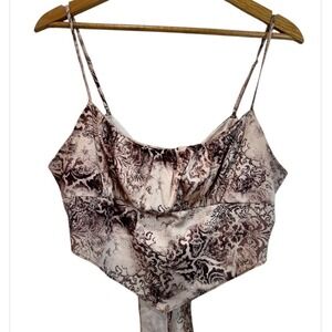 Garage Satin Brown Floral Cropped Tank Top Women's Size Large Tie Back Closure